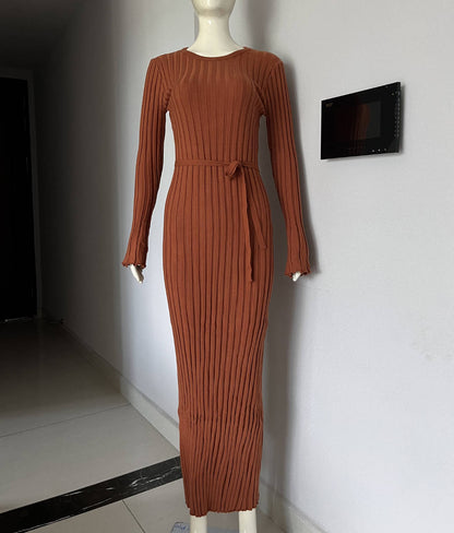 Autumn Winter Women Fashion Casual Crewneck Pit Strip Knitted Dress