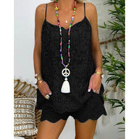 Conjunto de dos piezas con top y pantalones cortos con tirantes calados estilo bohemio informal para mujer