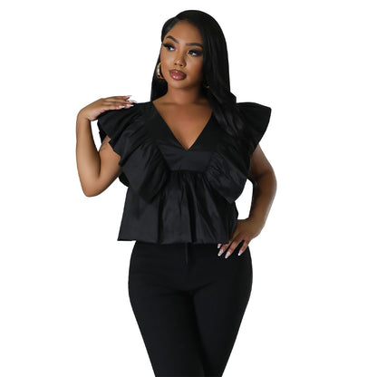 Blusa informal de manga corta con cuello en V y estampado floral arrugado para mujer