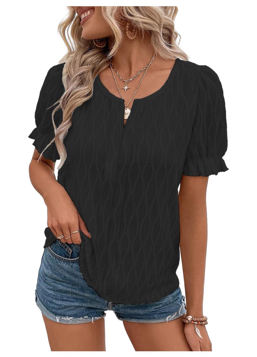 Blusa informal de jacquard de color liso con cuello en V y mangas abullonadas para mujer