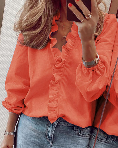 Blusa informal con cuello en V y mangas farol con volantes para mujer