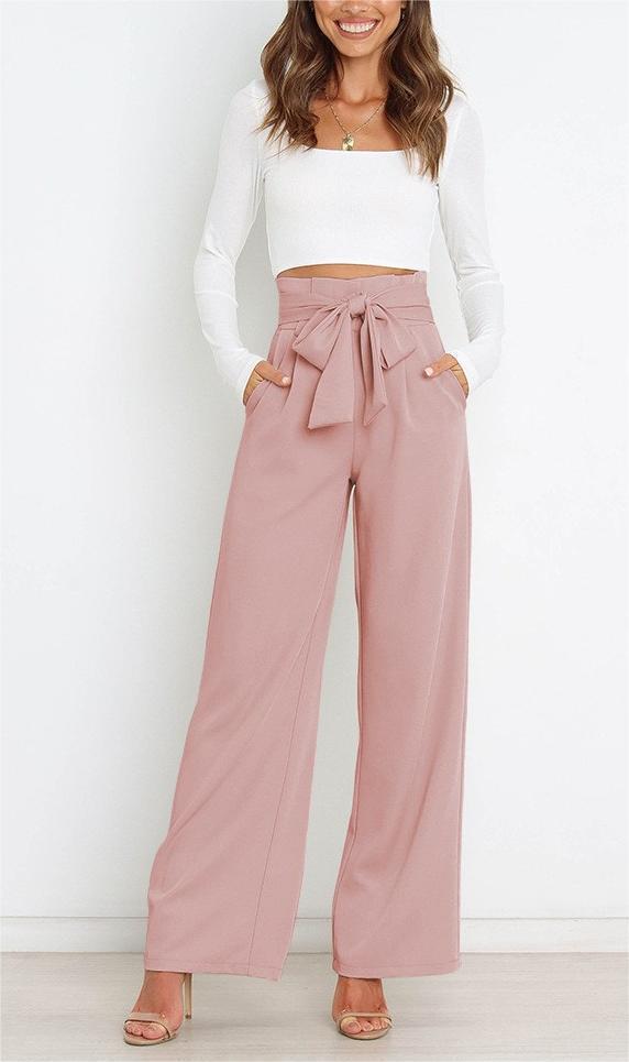 Pantalones casuales de cintura alta con lazo y cordones de color liso a la moda para mujer