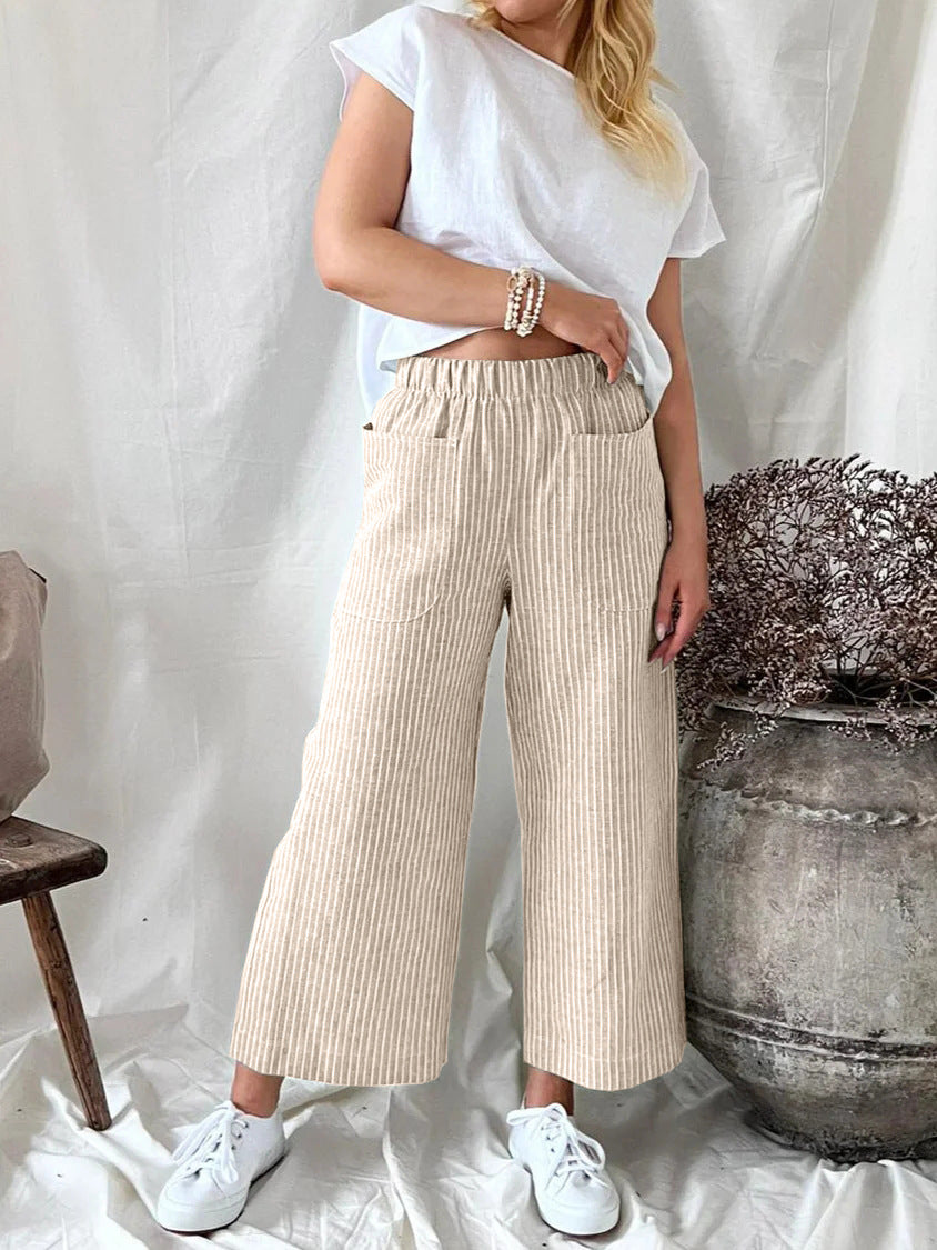 Women'S Fashion Casual Cotton Linen Stripe Loose Wide Leg Pants