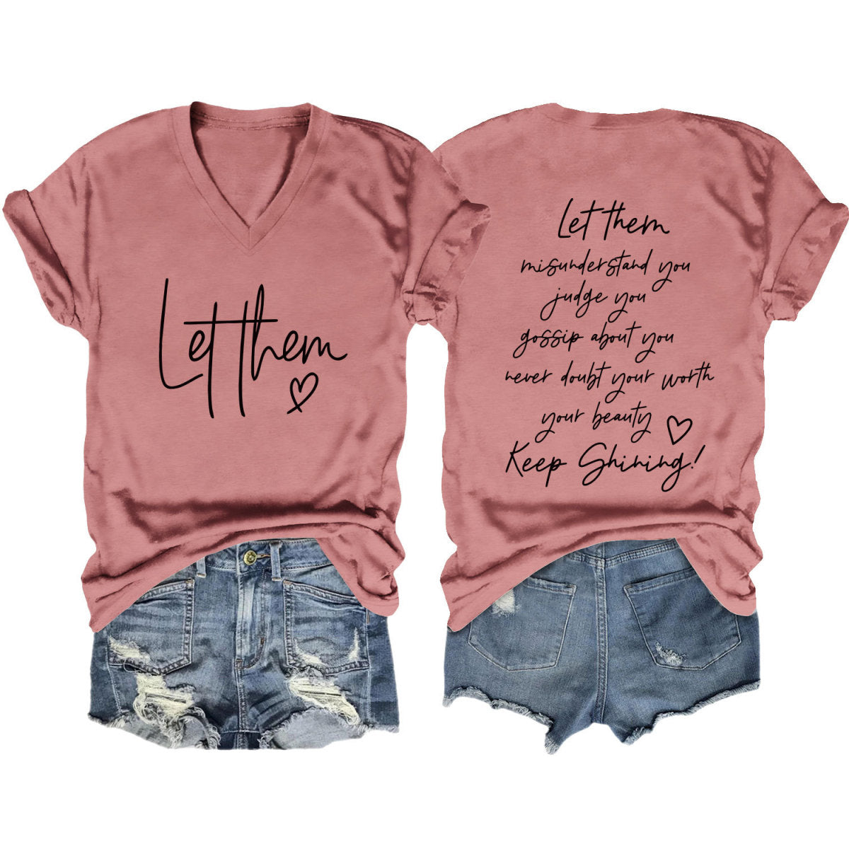 Camiseta informal de verano para mujer con estampado de letras de doble cara y cuello en V de manga corta