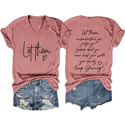 Camiseta informal de verano para mujer con estampado de letras de doble cara y cuello en V de manga corta