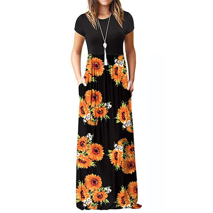 Vestido largo informal de manga corta con cuello redondo y estampado floral para mujer