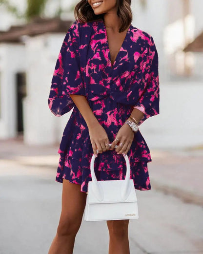 Vestido informal con estampado geométrico y mangas murciélago y cuello en V para mujer