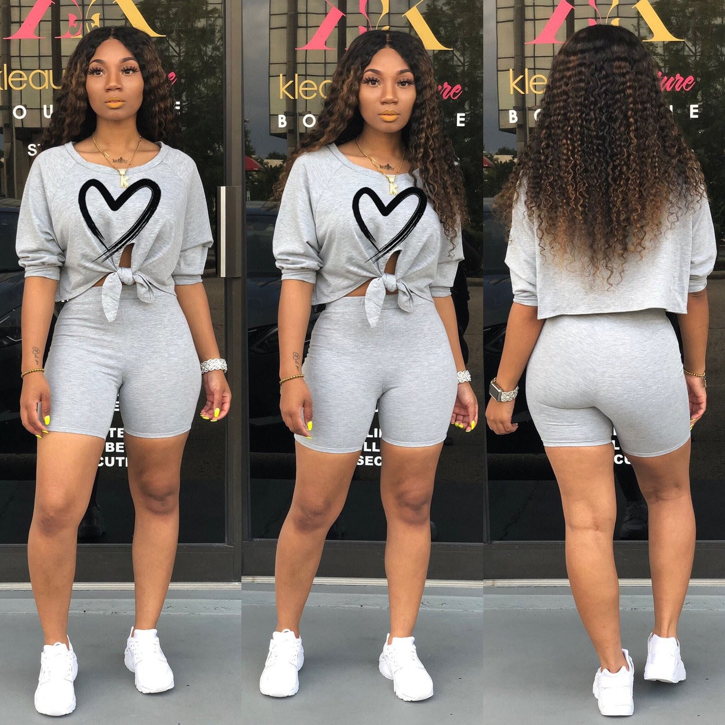 Conjunto informal de dos piezas para mujer, con hombros descubiertos, manga corta y estampado de corazones