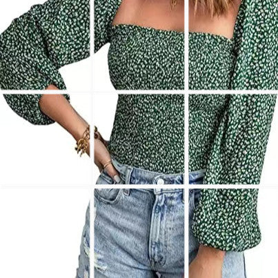 Camisa informal de color liso con cuello cuadrado y mangas abullonadas para mujer