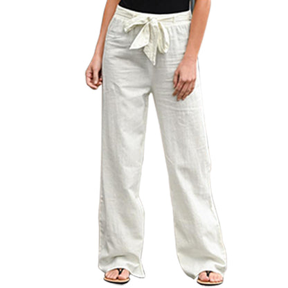 Women Solid Color Linen High Waist Lace Up Wide Leg Casual Pants
