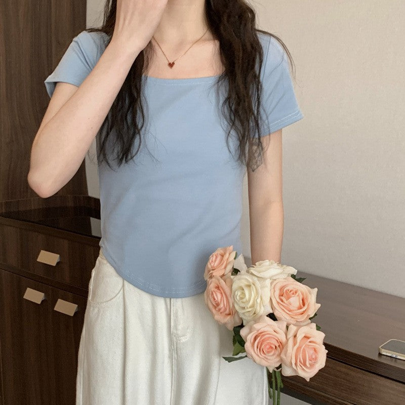 Camiseta informal de manga corta irregular con cuello en U y color liso para mujer