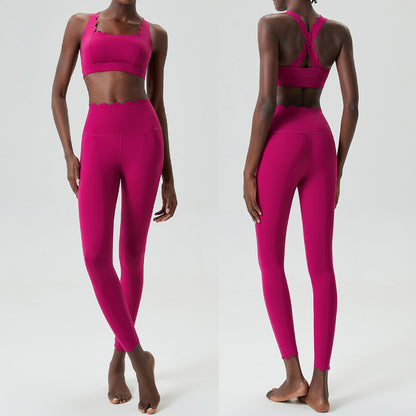 Women Casual Solid Color Liquid Glue Small Wave Sports Yoga Top Pants Two-Piece Set