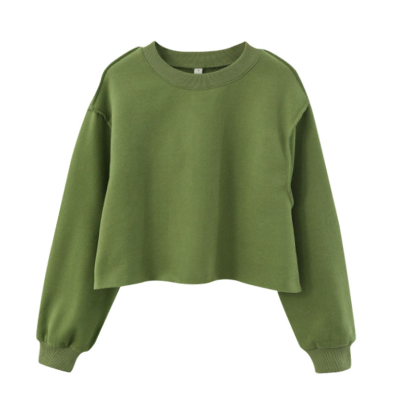 Sudadera corta informal de manga larga con cuello redondo y color liso para mujer de otoño e invierno