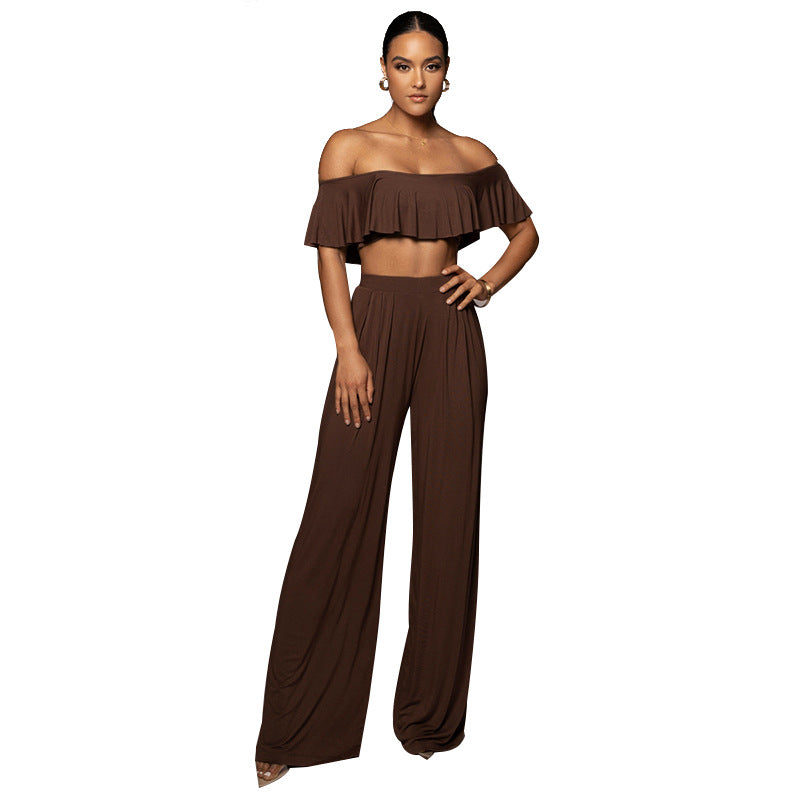 Conjuntos casuales de moda para mujer: top de tubo con volantes y pantalones anchos, cuello alto y sexy