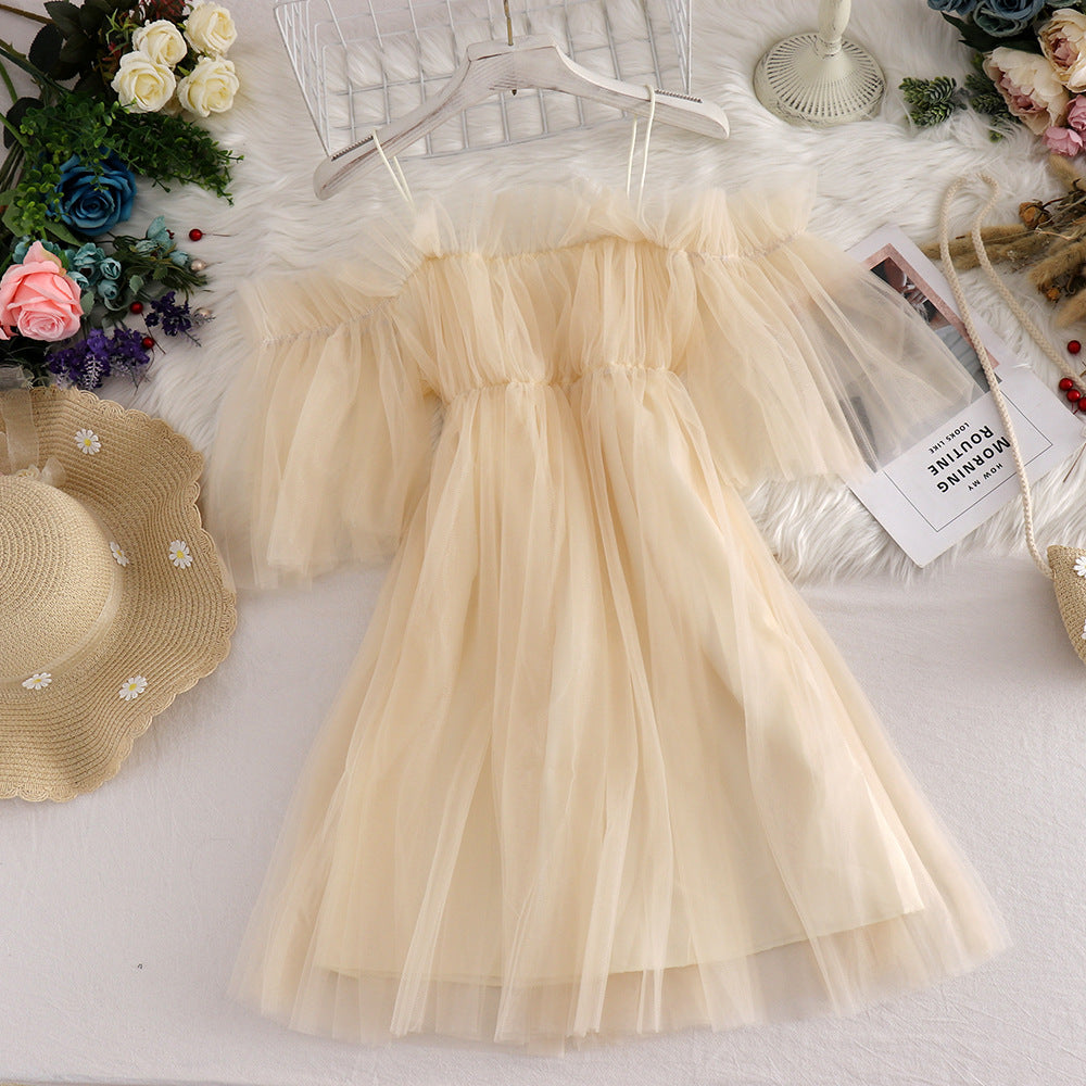 Women Casual Vacation Mesh Mid-Length One-Shoulder Suspender Dress