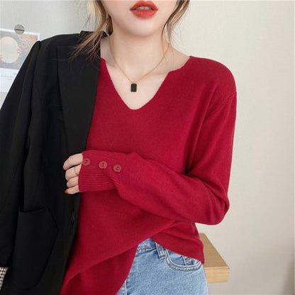Women Casual Solid Color V-Neck Knitted Long Sleeve Sweater