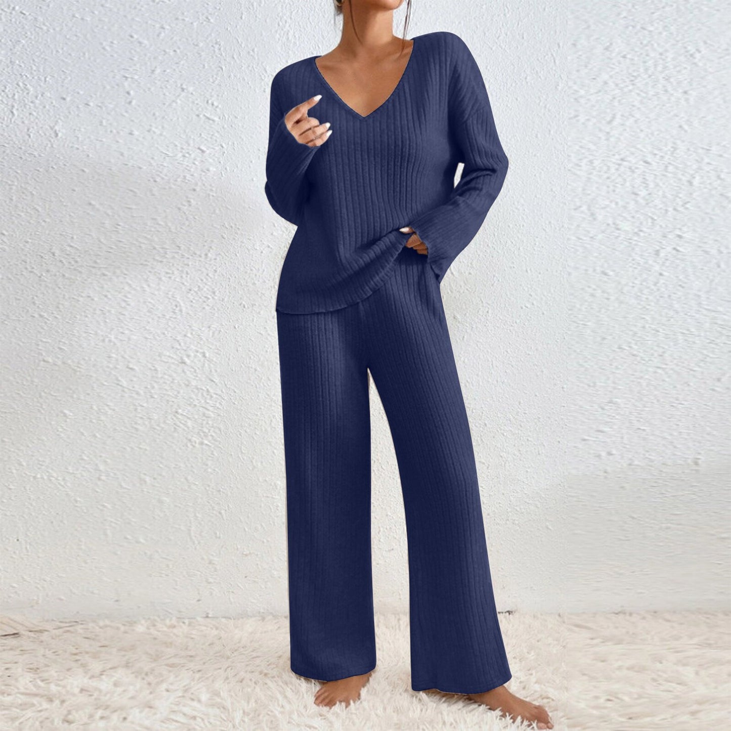 Conjunto informal de punto con cuello en V y manga larga de color liso para mujer