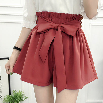 Women Fashion Casual Solid Color Lace-Up Wide-Leg Shorts