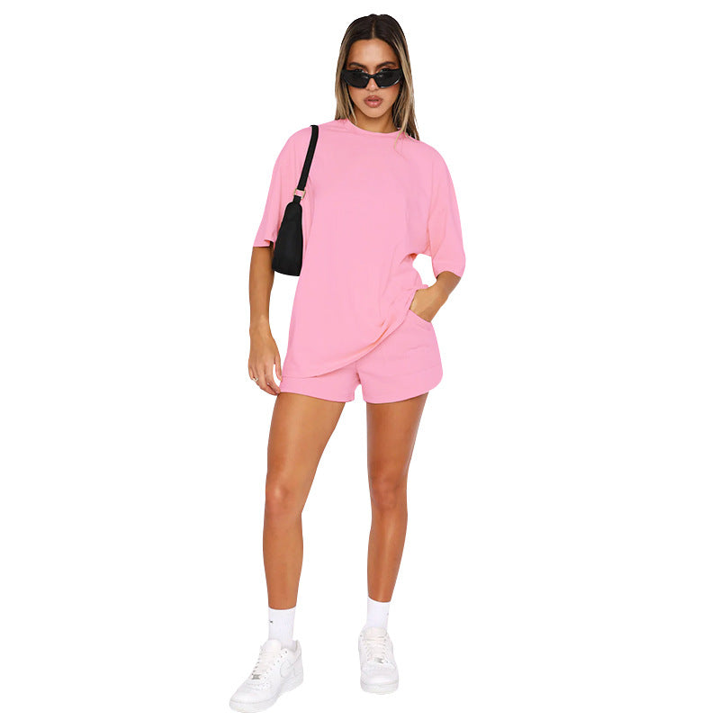 Conjunto de dos piezas de pantalones cortos de manga corta de color liso informal a la moda para mujer