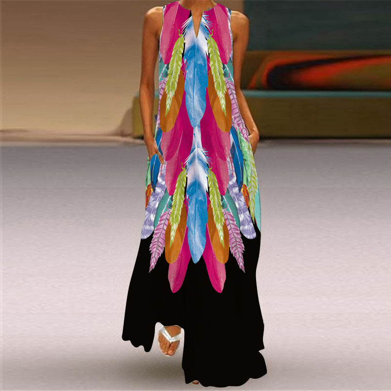 Vestido largo holgado informal de verano con escote en V y sin mangas con estampado para mujer