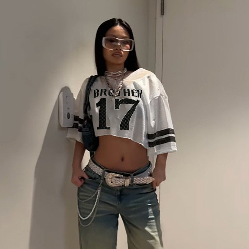 Camiseta informal holgada de encaje con estampado digital y manga corta con cuello en V para mujer