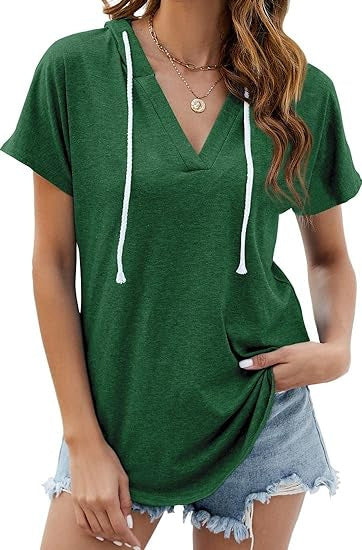 Camiseta holgada informal de manga corta con cuello en V y color liso para mujer