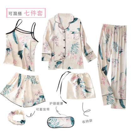 Conjunto de pijama fino de siete piezas con estampado de rayas informal sencillo para mujer