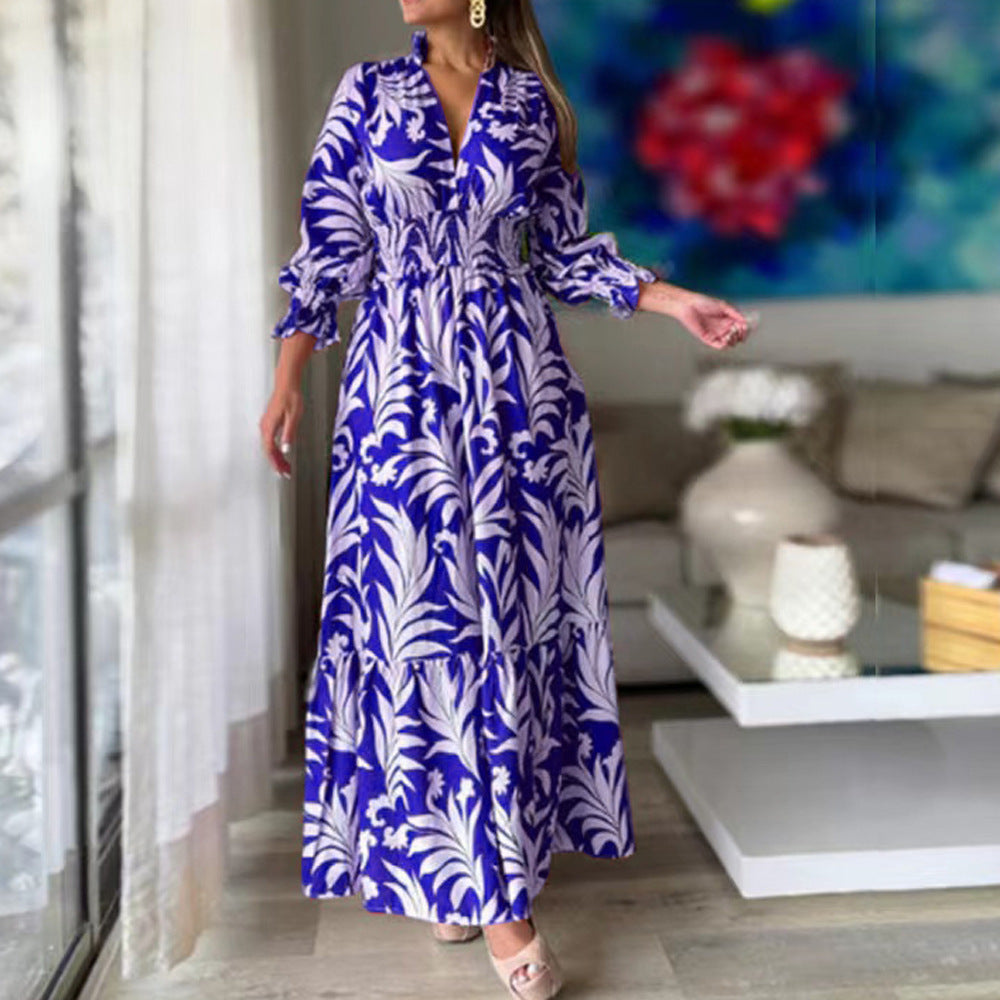 Vestido elegante informal de verano para mujer, con escote en V, estampado floral y volantes, de manga larga