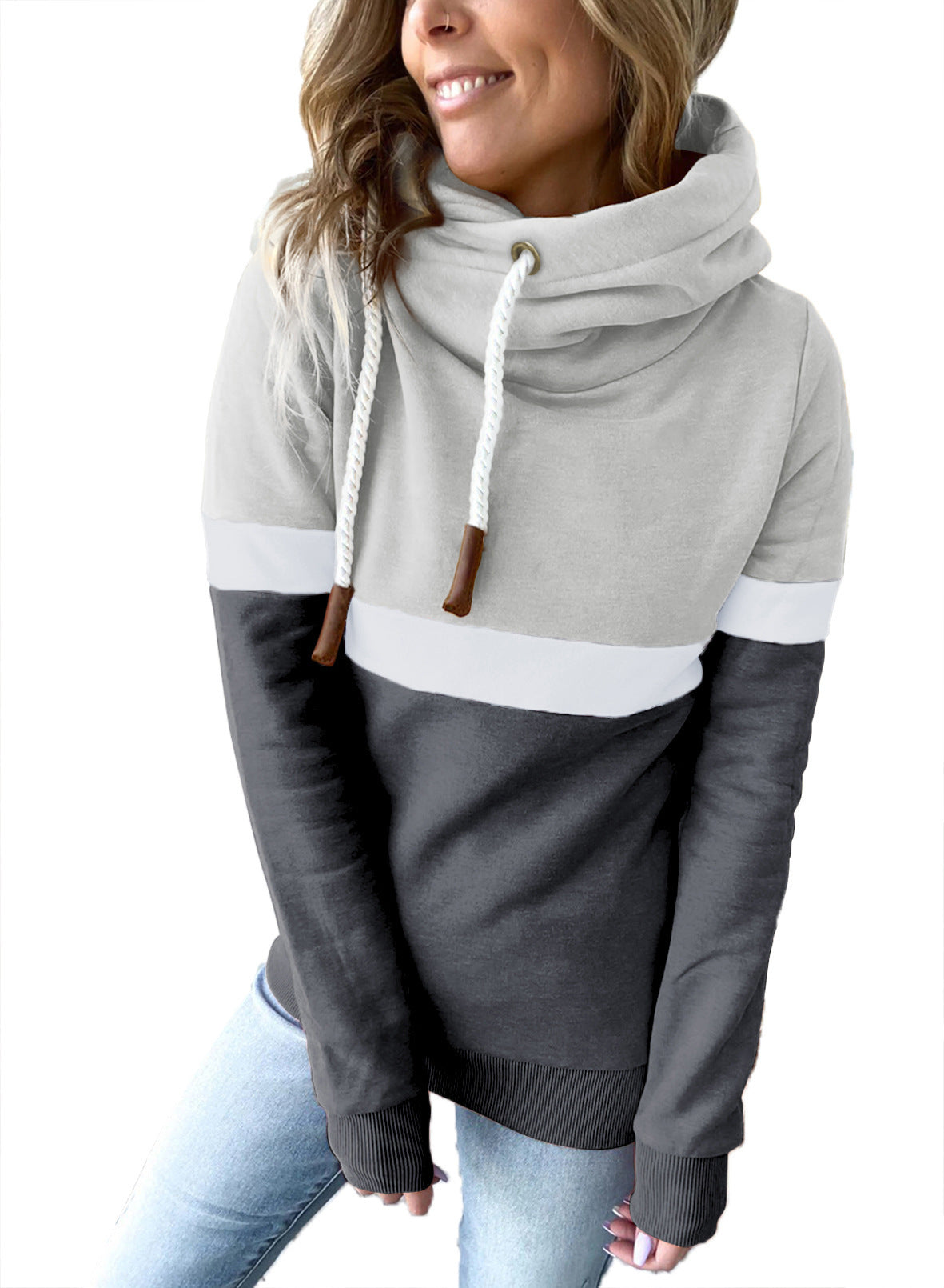 Sudadera con capucha informal de manga larga con contraste de color para mujer, otoño e invierno