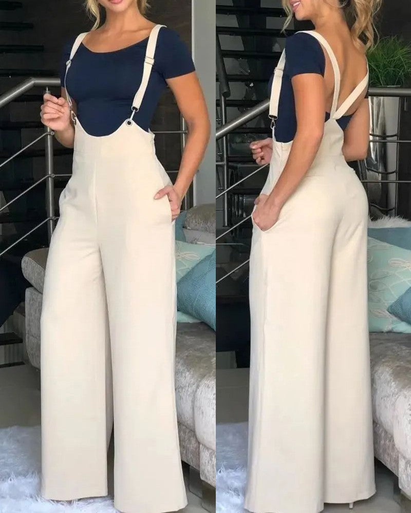Women Fashion Casual Solid Color Loose Strap Pants