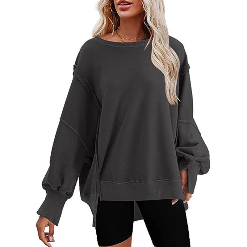 Women Fashion Casual Solid Color Round Neck Split Sweatshirt
