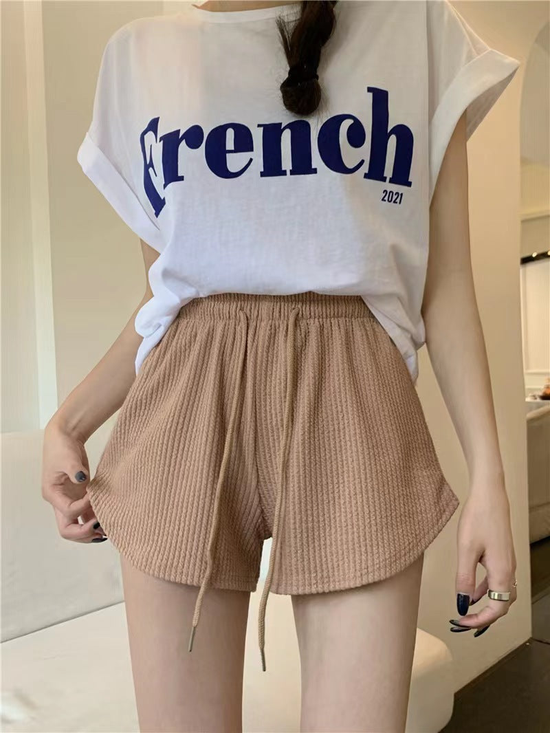 Women Fashion Casual Solid Color Waffle Drawstring High Waist Shorts