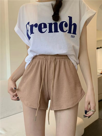 Women Fashion Casual Solid Color Waffle Drawstring High Waist Shorts