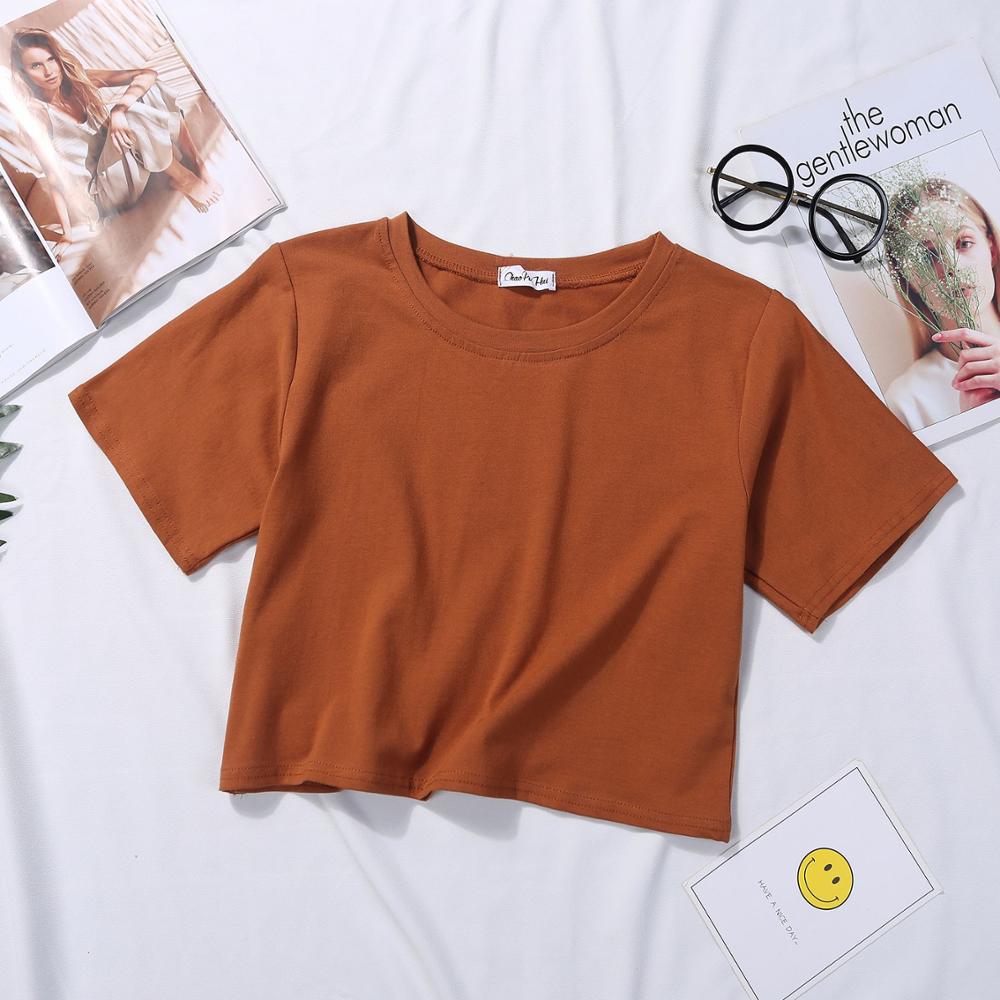 Camiseta básica de verano para mujer, de manga corta, color liso, con cuello redondo y cintura alta, informal, holgada