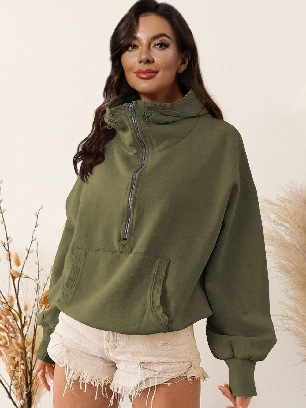 Sudadera informal de cuello alto con cremallera y color liso para mujer