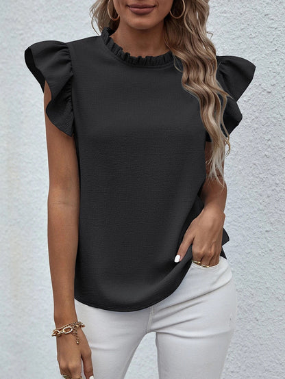 Blusa informal sin mangas con cuello redondo y volantes de color liso a la moda para mujer