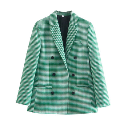 Blazer retro informal de manga larga a cuadros con botonadura sencilla para mujer