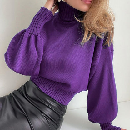 Suéter de punto con mangas abullonadas y cuello alto de color liso informal de invierno para mujer