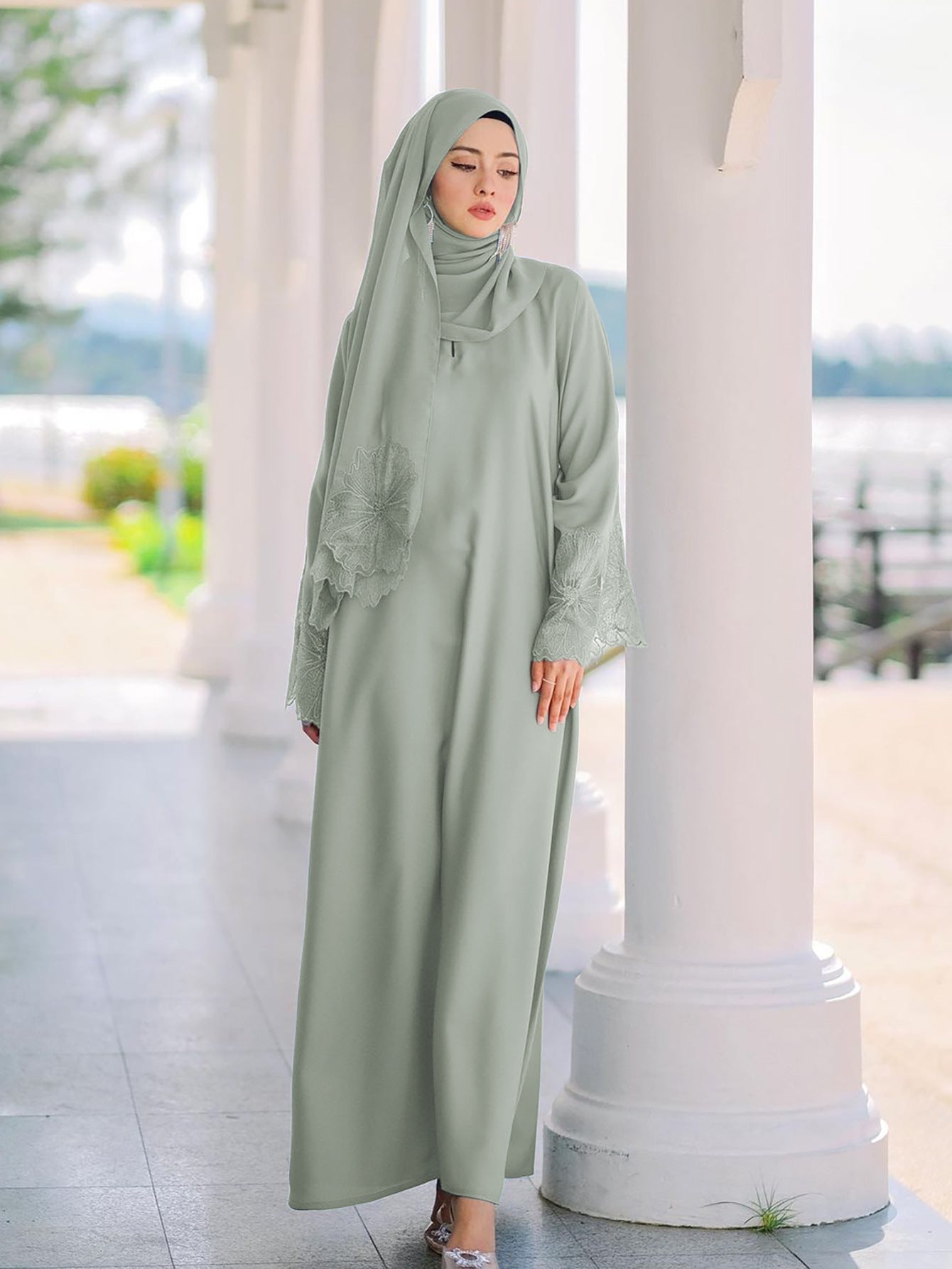 Women Casual Solid Color Lace Patchwork Abaya Long Sleeve Maxi Dress With Turban