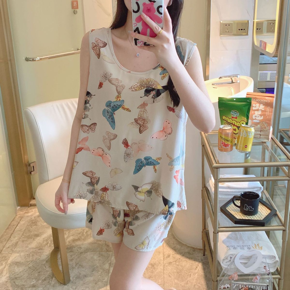 Conjunto de pijama de dos piezas de algodón y seda con camiseta sin mangas estampada informal para mujer