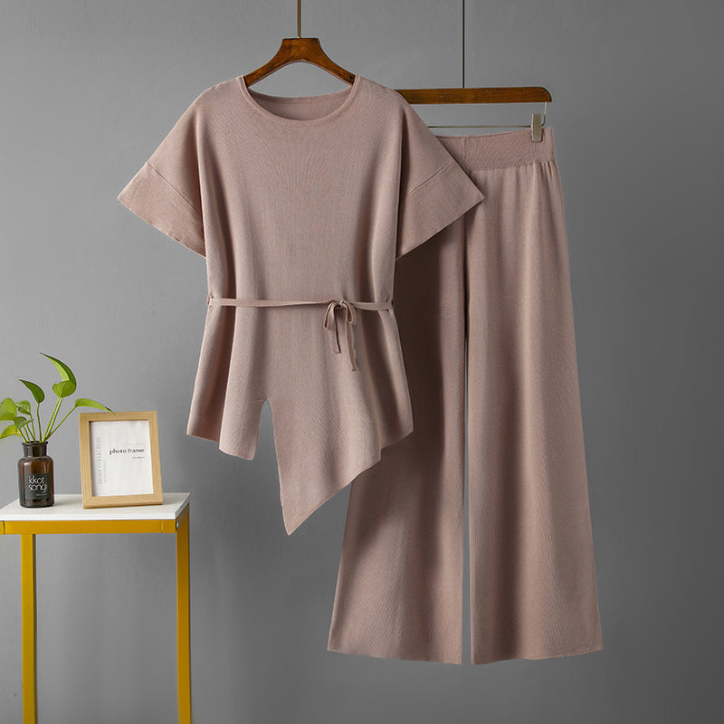Conjunto de dos piezas de pantalón ancho y top irregular de color liso informal a la moda para mujer