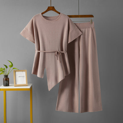 Conjunto de dos piezas de pantalón ancho y top irregular de color liso informal a la moda para mujer