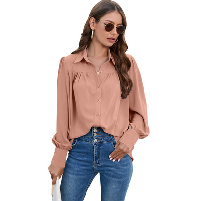 Blusa informal de gasa plisada de manga larga de color liso para mujer, talla grande