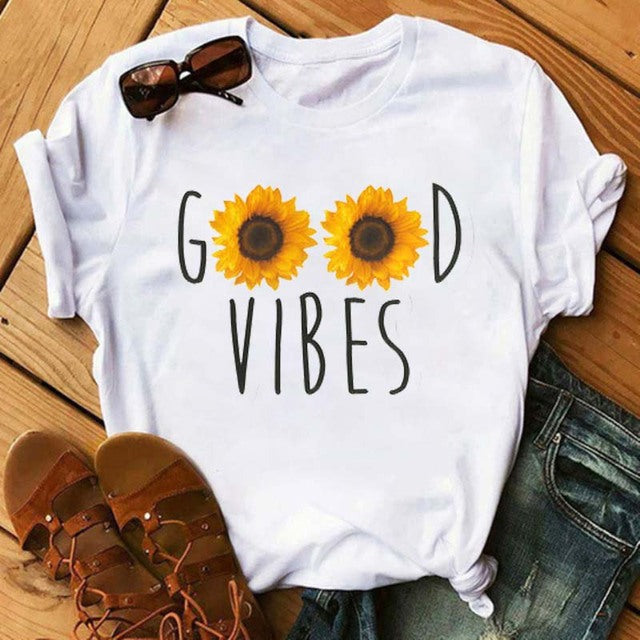 Camiseta informal de manga corta con estampado gráfico y cuello redondo para mujer