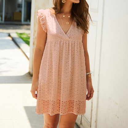 Vestido minivestido elegante para mujer, de color liso, con escote en V, encaje con volantes, sin mangas, corte A, informal, holgado, para playa y verano