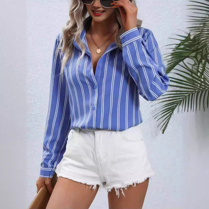Blusa informal holgada de manga larga con solapa y rayas para mujer