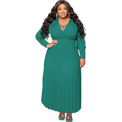 Women Fashion Casual Solid Color Plus Size V-Neck Lace-Up Long Sleeve Pleated Dress