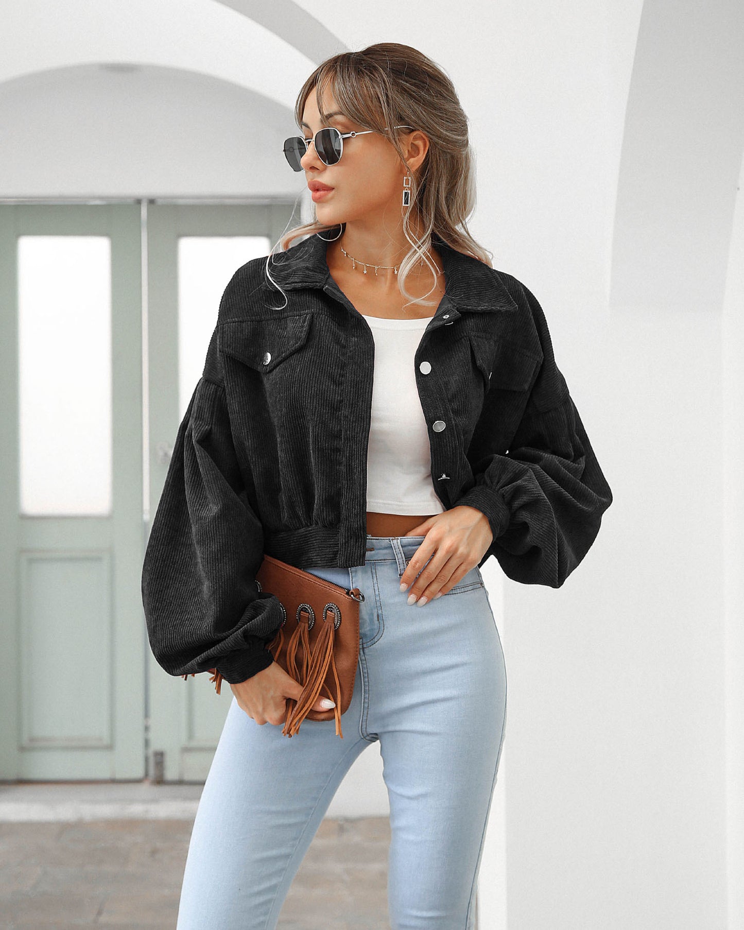 Women Fashion Casual Solid Color Corduroy Single-Breasted Sleeve Lantern Jacket