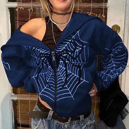 Sudadera holgada con cremallera y estampado de telaraña para hombre y mujer, estilo informal, a la moda urbana