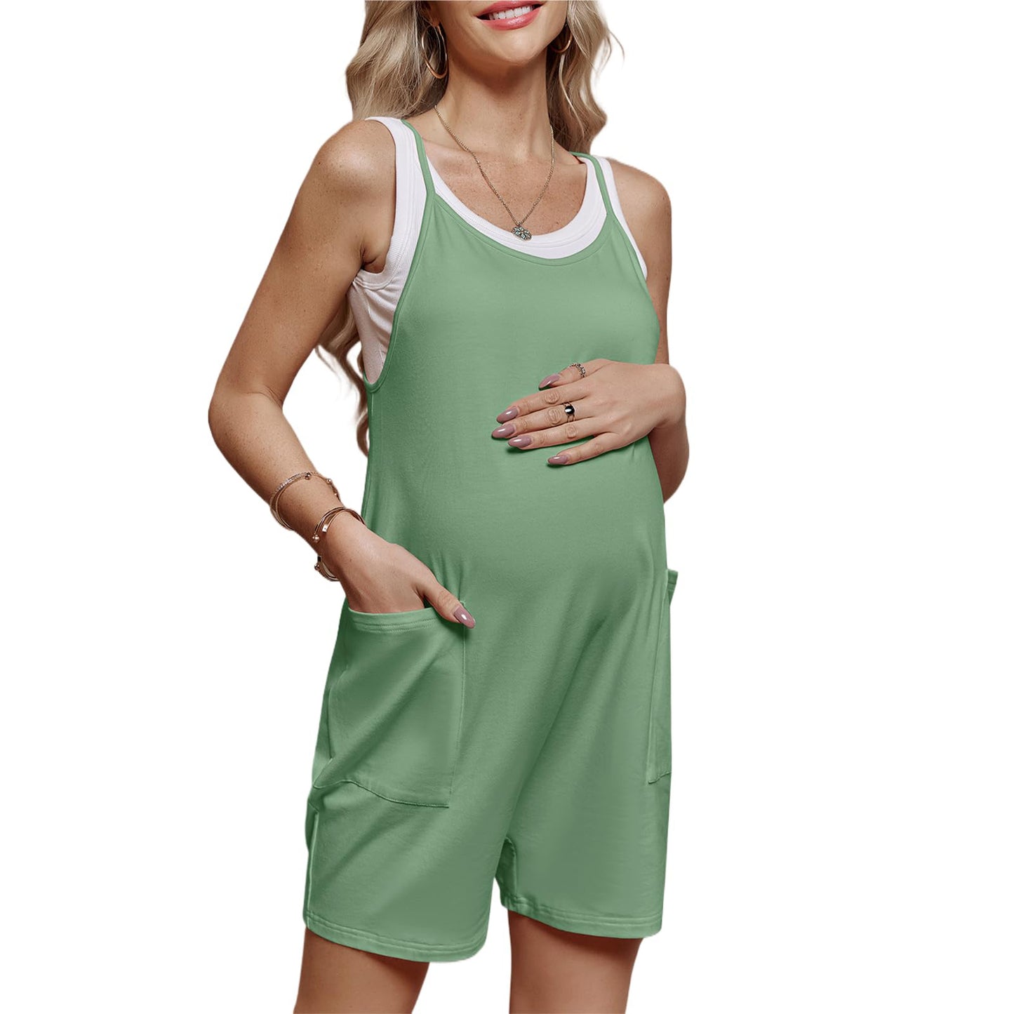 Women Casual Loose Sleeveless Suspender Pregnant Solid Color Pocket Maternity Rompers